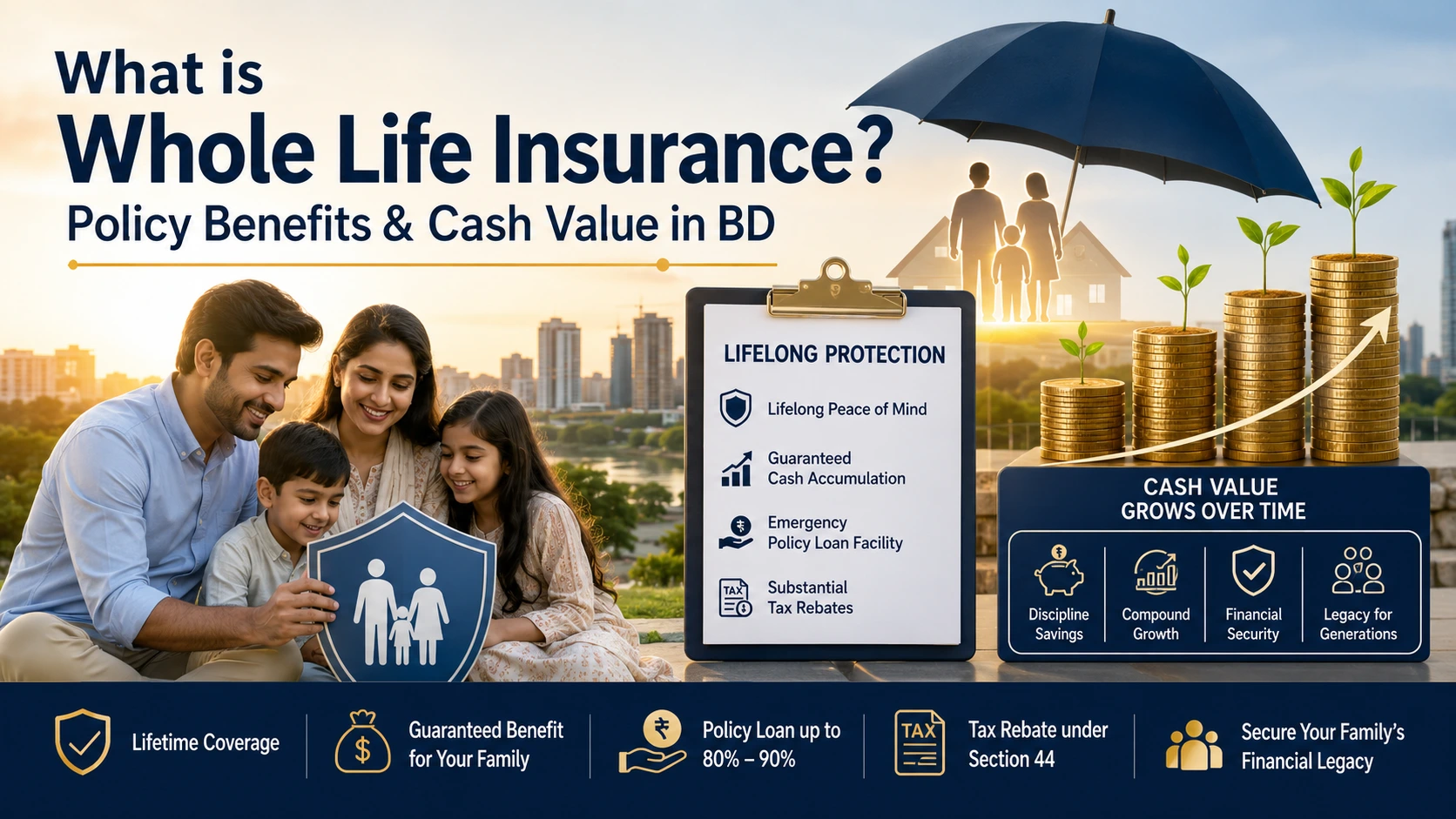South Asian family protected under whole life insurance with cash value growth, lifelong financial security, policy benefits, and savings illustration in Bangladesh.