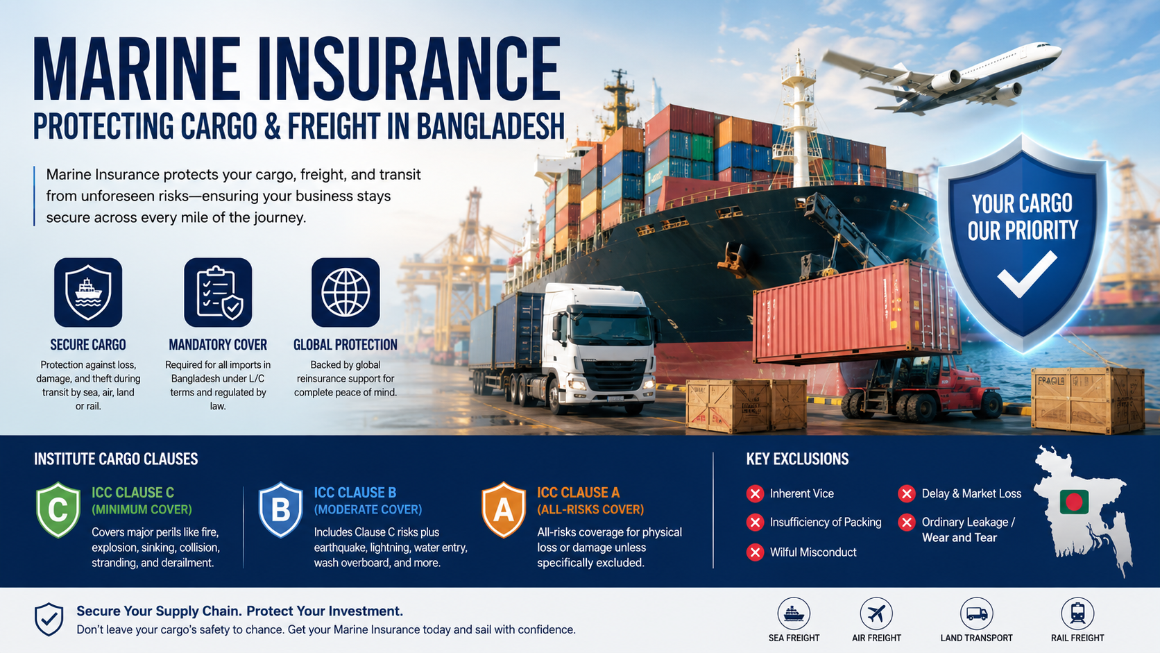 Marine Insurance protecting cargo and freight in Bangladesh with cargo ship, shipping containers, truck, aircraft, and global trade risk coverage.