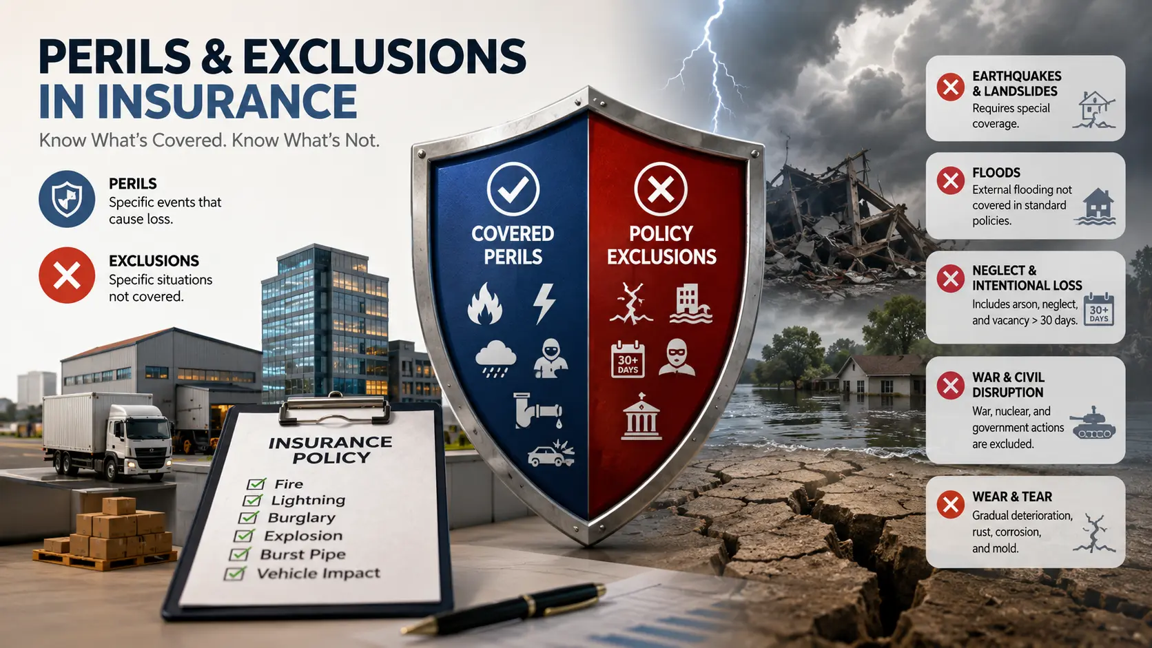 Insurance perils and policy exclusions explained with covered risks, excluded events, commercial property, flood, earthquake, and fire protection concepts.