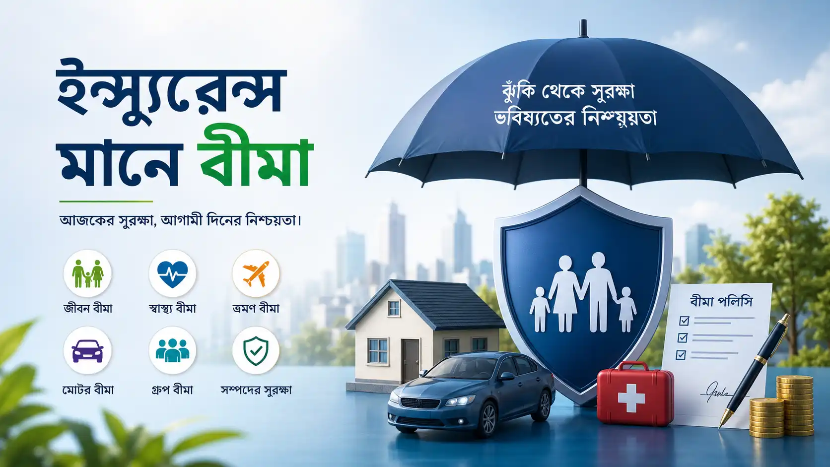 Insurance meaning in Bengali (বীমা) with life, health, travel, and motor insurance protection illustration.