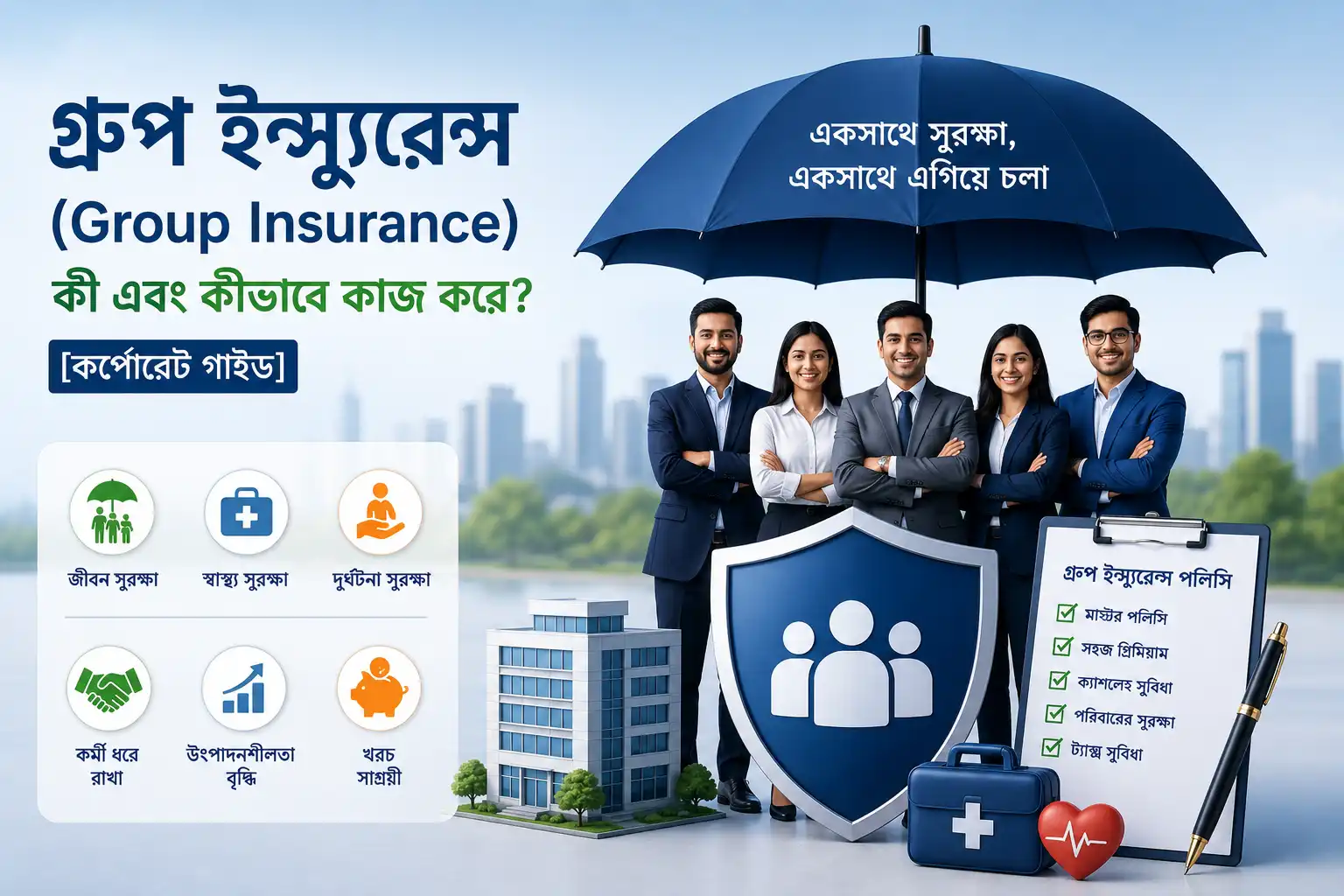 Illustration of Group Insurance for employees with life, health, and accident coverage in Bangladesh.